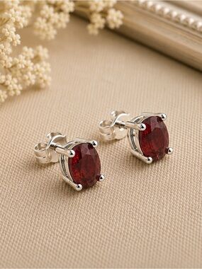 Classic Petite Garnet Stud Earrings 925 Silver Prong Set Jan Birthstone #627